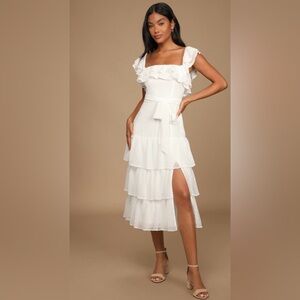 Lulu's Dear To My Heart White Swiss Dot Tiered Ruffled Midi Dress - Large